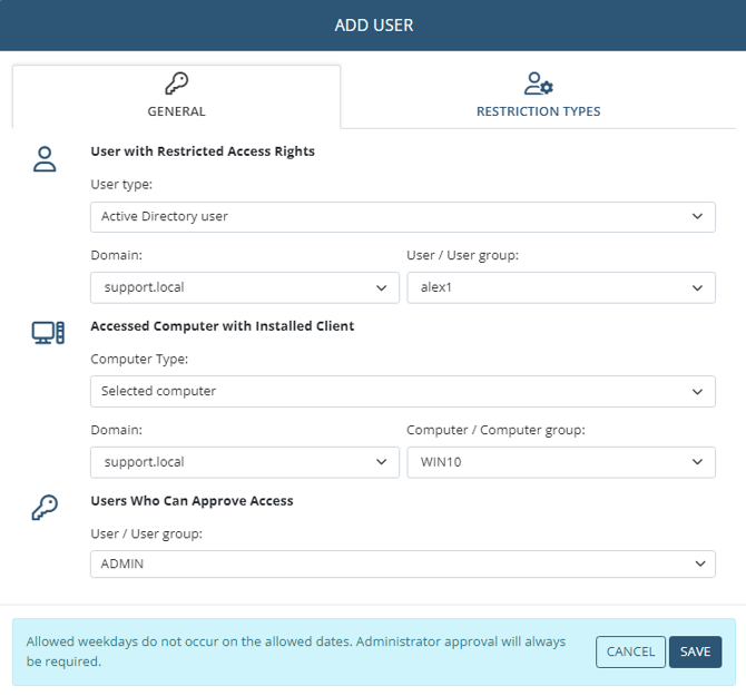 ADD USER pop-up - GENERAL tab