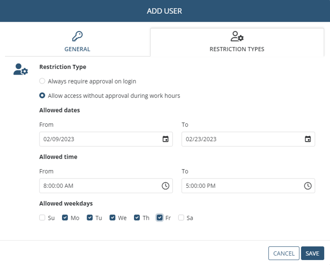 ADD USER pop-up - RESTRICTION TYPES tab - OPTION 2