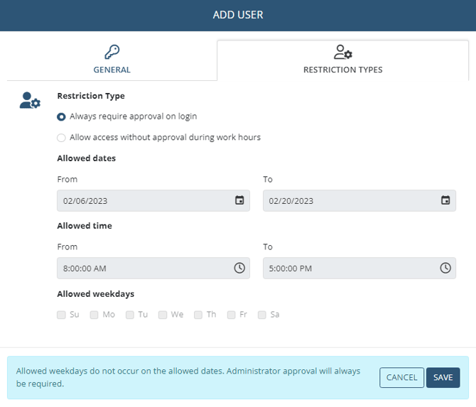 ADD USER pop-up - RESTRICTION TYPES tab