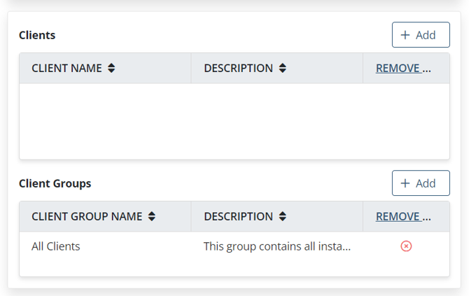 Add Rule page - CLIENTS and GROUPS sections