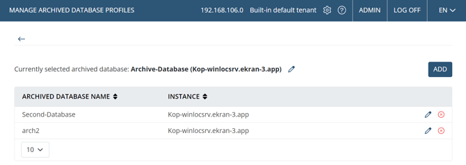 Manage Achived Database Profiles page